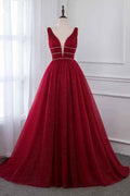 Burgundy V Neck Sleeveless A Line Long Prom Dress With Beading
