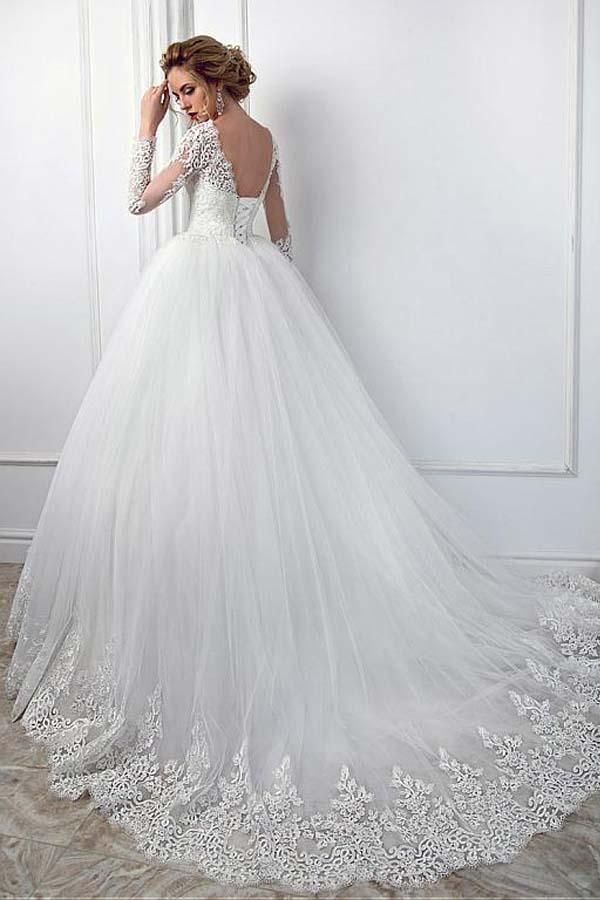 Ball Gown Long Sleeve Jewel Wedding Dress with Tulle Lace BM bride