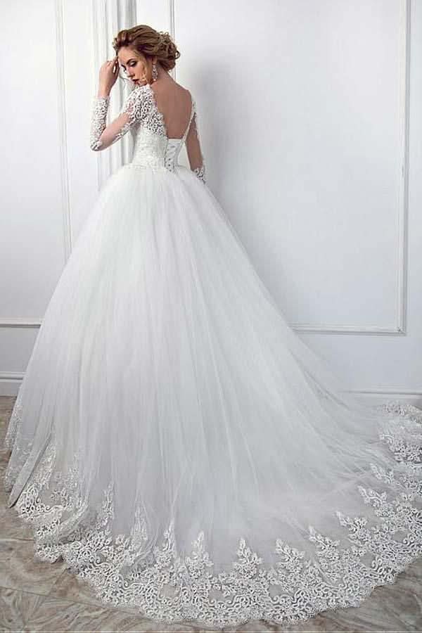 Ball Gown Long Sleeve Jewel Wedding Dress with Tulle Lace BM bride