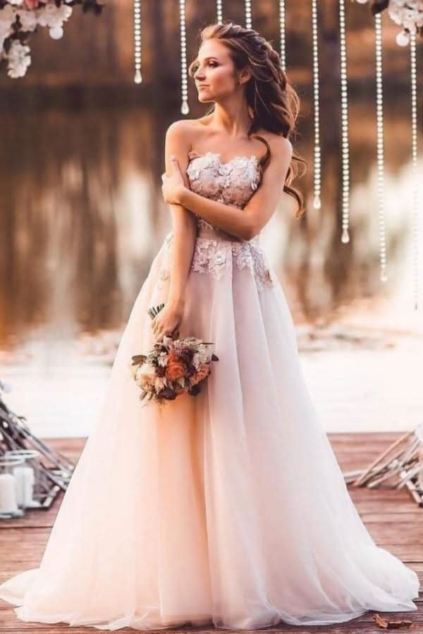 A-Line Sweetheart Tulle Long Wedding Dress with Lace Appliques BM bride
