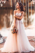 A-Line Sweetheart Tulle Long Wedding Dress with Lace Appliques BM bride