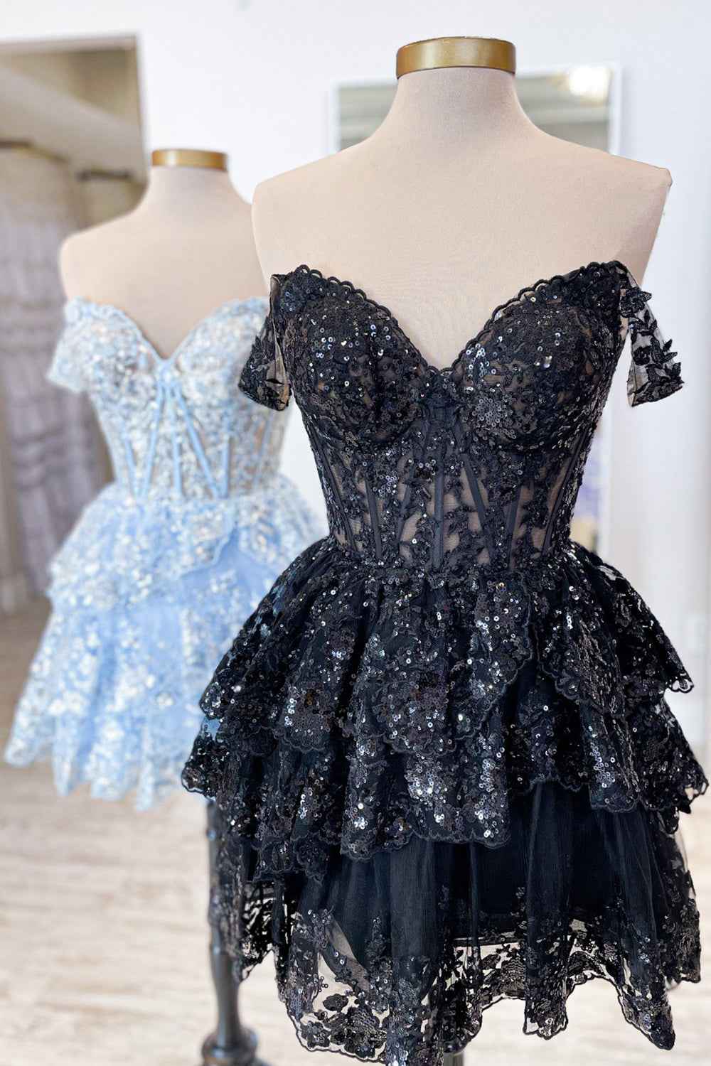 Sparkly Dark Red Corset Tiered Lace A-Line Short Homecoming Prom Dress Bmbride