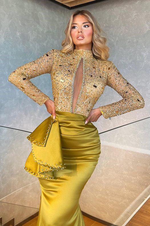 High Collar Long Sleeves Mermaid Pleated Sequins Prom Dress With Beadings BMBRIDE
