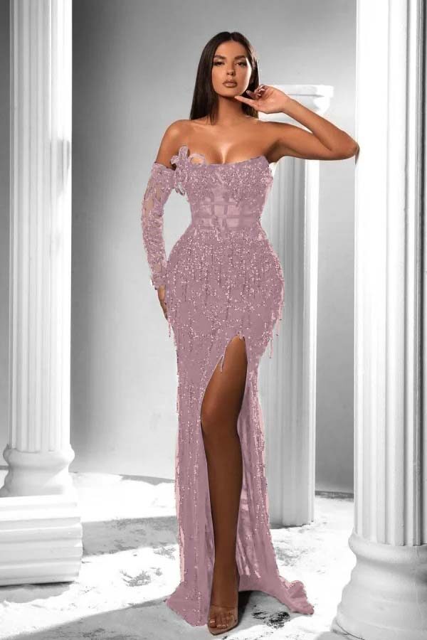 Strapless Long Sleeve High Split Long Prom Dress With Appliques BMBRIDE