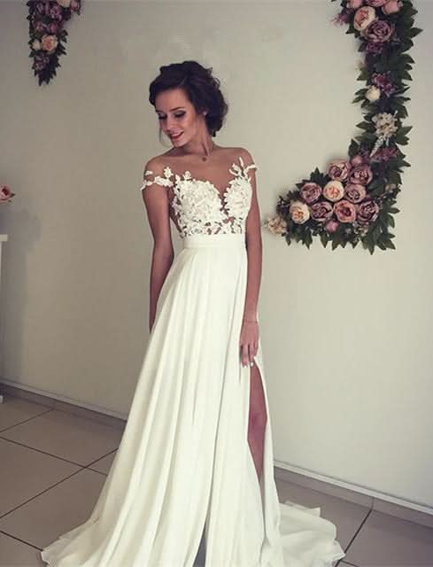 A-Line Chiffon Wedding Dress With Lace Ruffles Side Slit Appliques BM bride