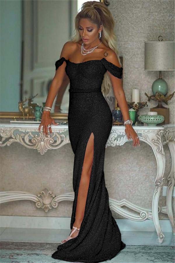 Pink Sequins Off the Shoulder Mermaid Elegant Prom Dresses With Split BMBRIDE