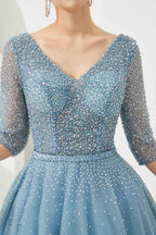 V Neck Dusty Blue Half Sleeves Prom Dress With Beading Lace up