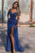 Royal Blue Off-The-Shoulder Mermaid Evening Dress with Sequins and Split BM bride