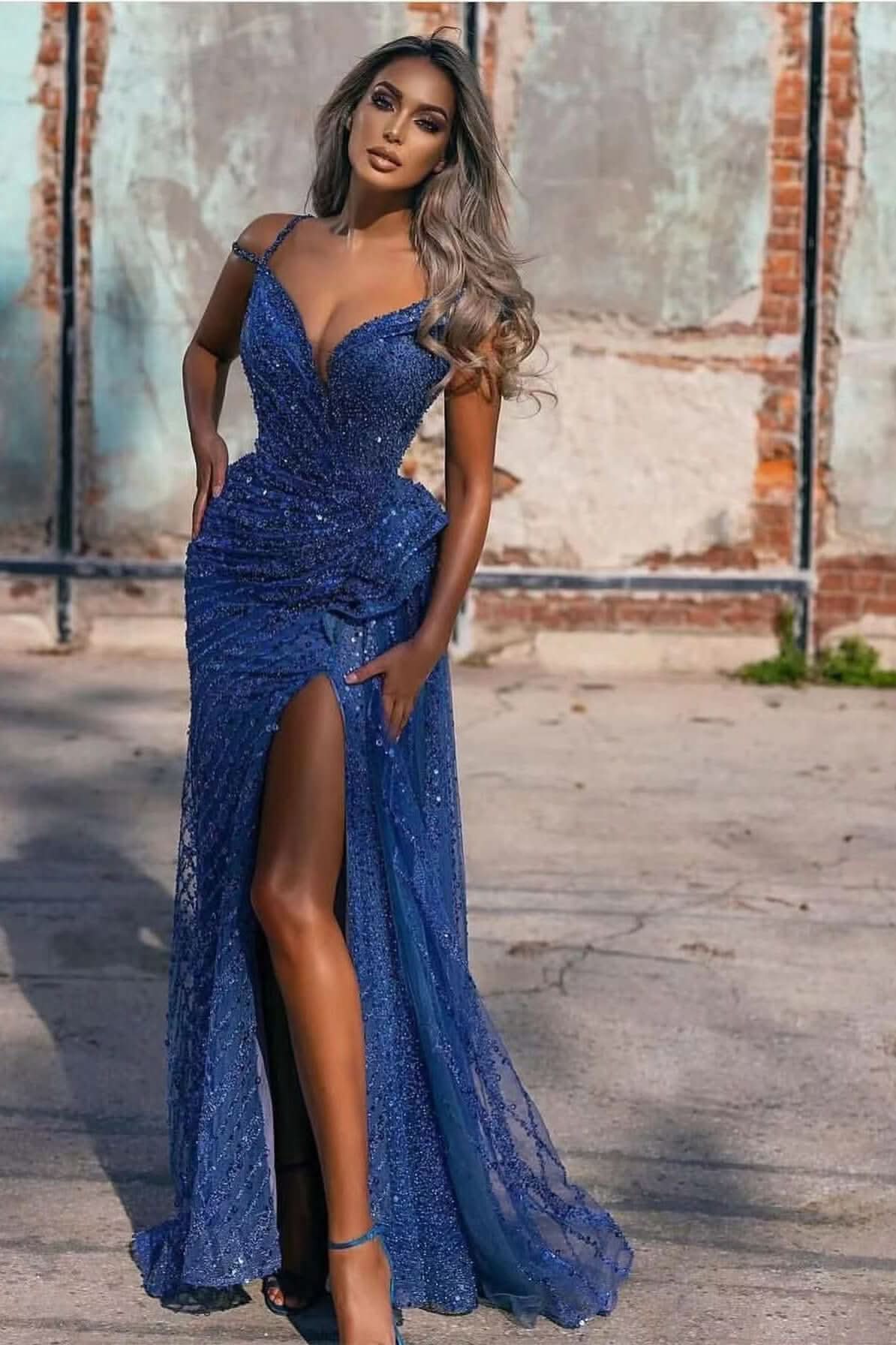 Royal Blue Off-The-Shoulder Mermaid Evening Dress with Sequins and Split BM bride