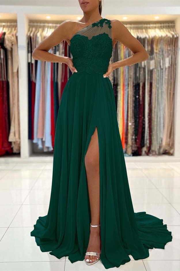 Glamorous One Shoulder Sleeveless Lace Appliques Prom Dress With Front Split BMBRIDE