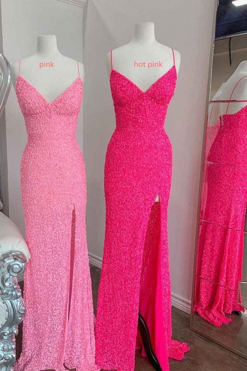 Hot Pink Spaghetti Straps Mermaid Prom Dress V Neck With Front Split