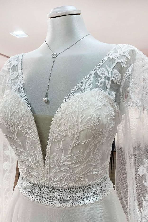 Long A-Line Sweetheart Wedding Dress with Sleeves, Appliques, Tulle, and Beadings BM bride