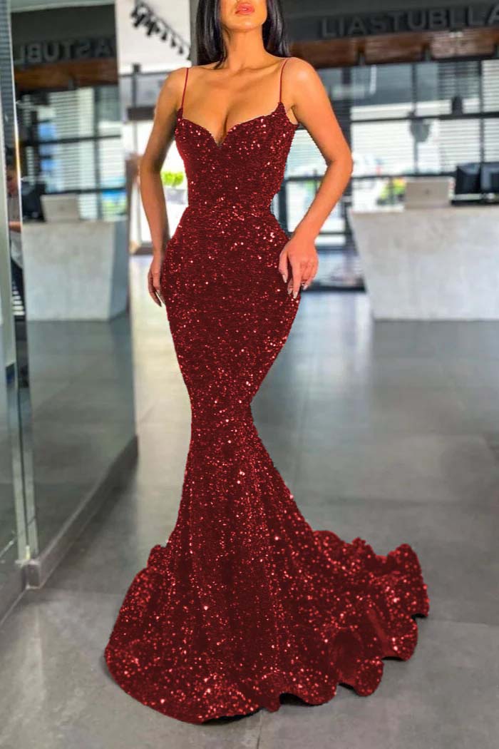 Spaghetti Strap Sleeveless Long Mermaid Prom Dress With Sequins BMBRIDE