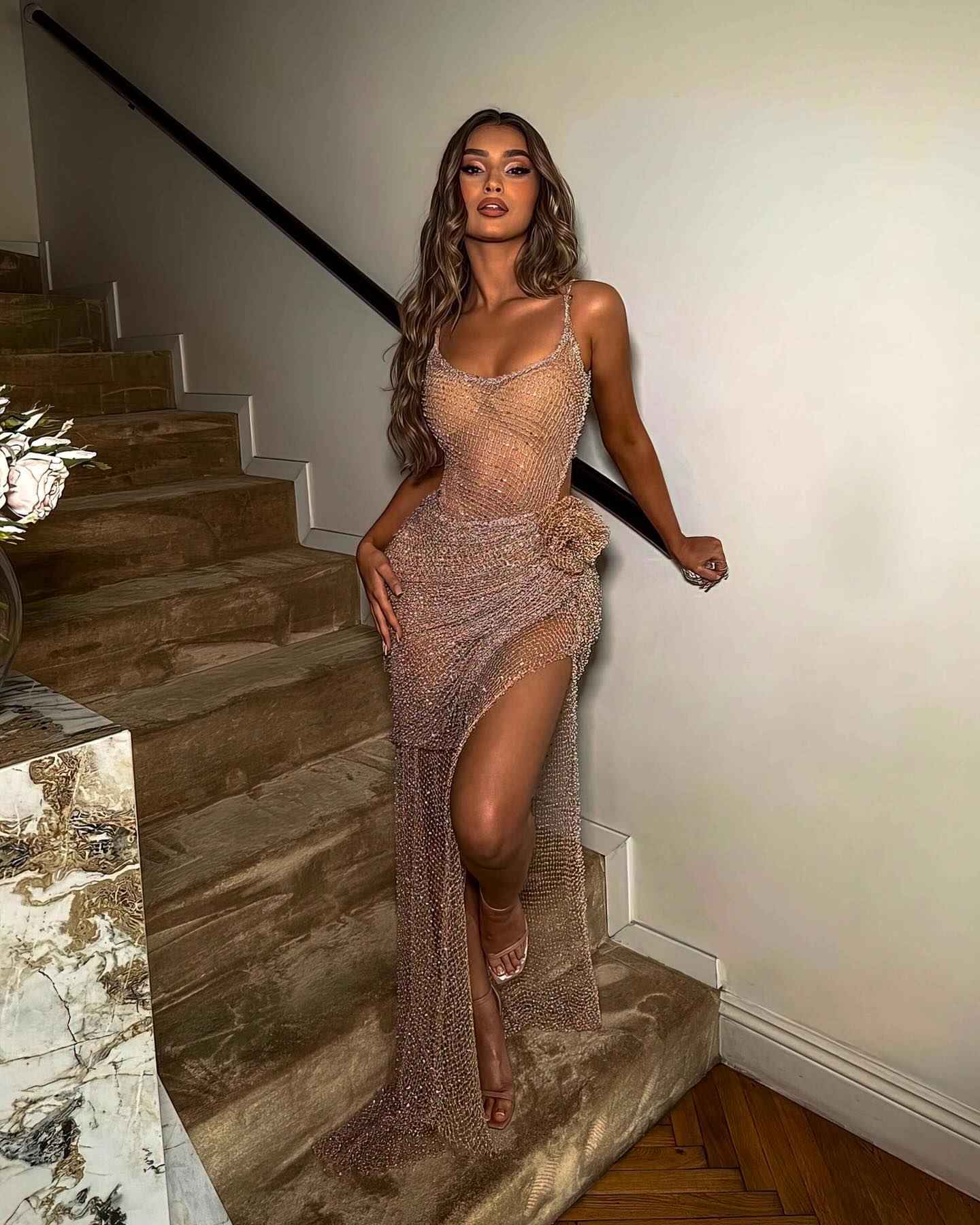 Stunning Sheath Spaghetti Strap Champagne Long Split Prom Dress
