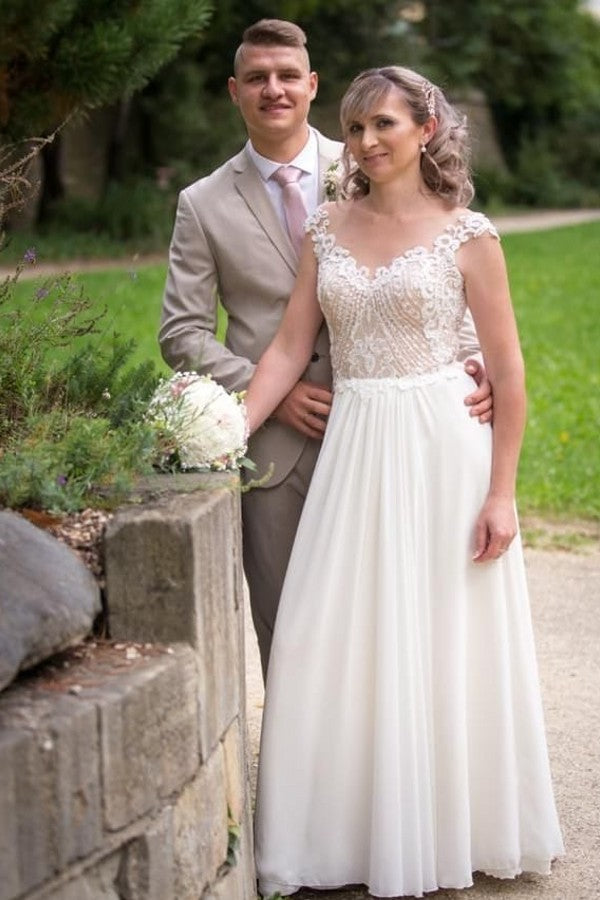 Elegant A-line Chiffon Wedding Dress With Appliques Lace Floor Length BM bride