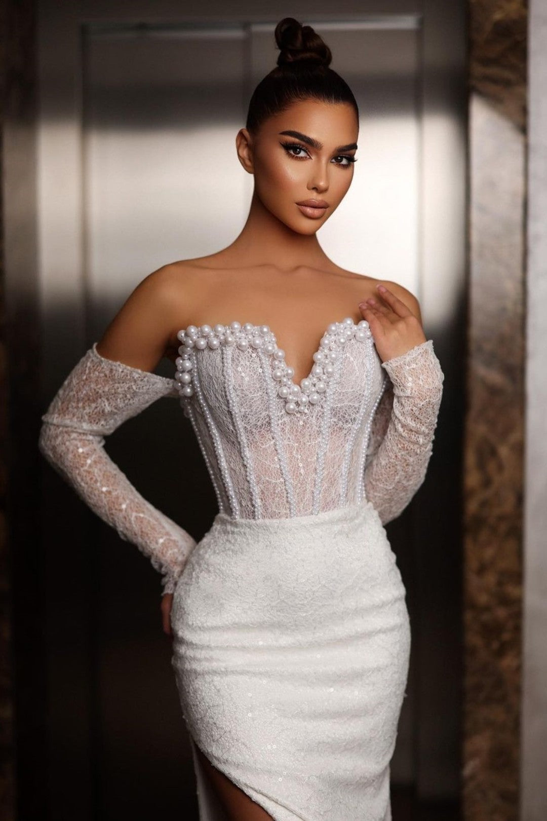 White Long Mermaid Wedding Dress with Beading and Split BM bride