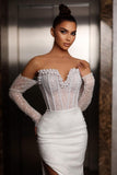 White Long Mermaid Wedding Dress with Beading and Split BM bride