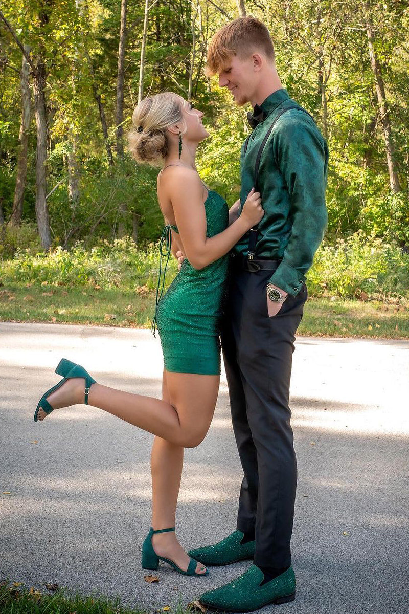 Dark Green Spaghetti Strap Short Homecoming Dress with Beading BM bride