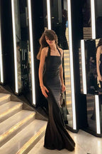 Black Halter Sleeveless Mermaid Long Prom Dress With Pleated