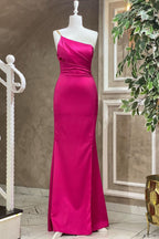 Fuchsia One Shoulder Floor Length Mermaid Evening Dress with Pleats BM bride