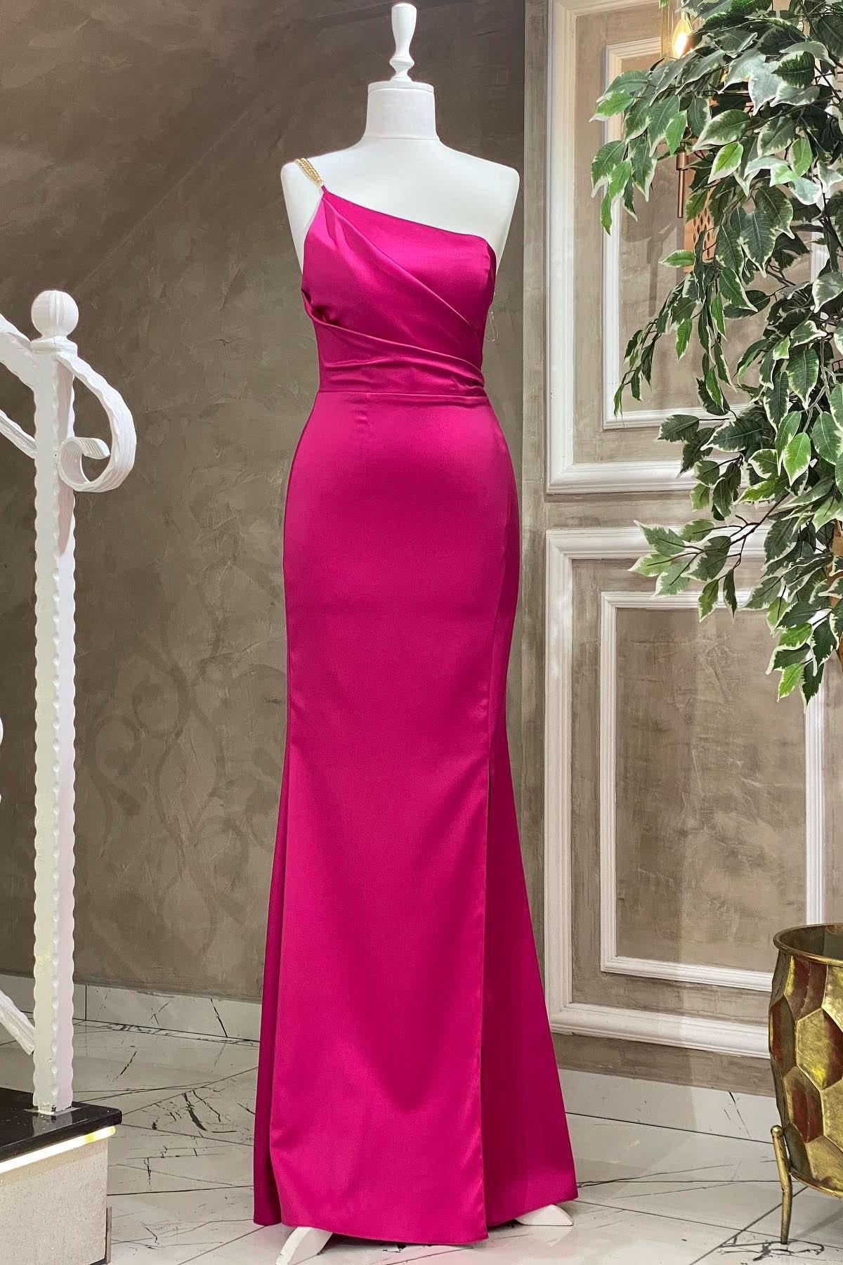 Fuchsia One Shoulder Floor Length Mermaid Evening Dress with Pleats BM bride