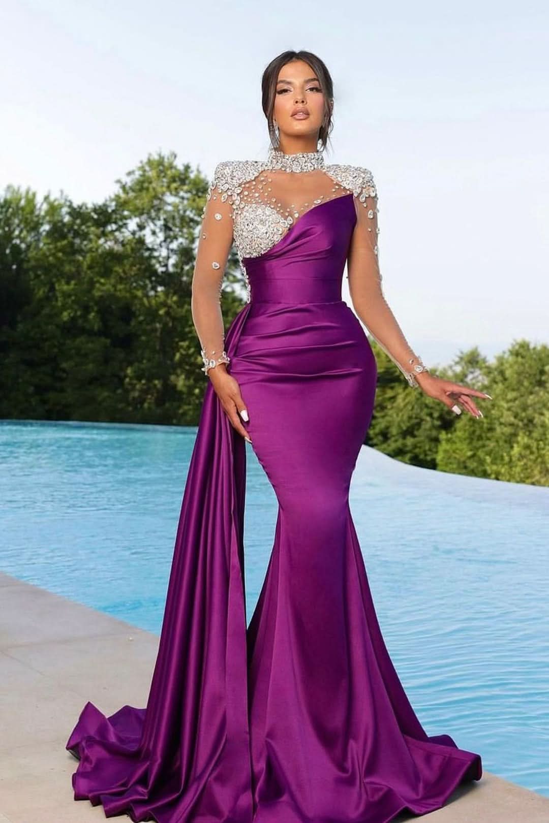 Long Purple Mermaid Prom Dress with Trail Beadings and Long Sleeves BM bride