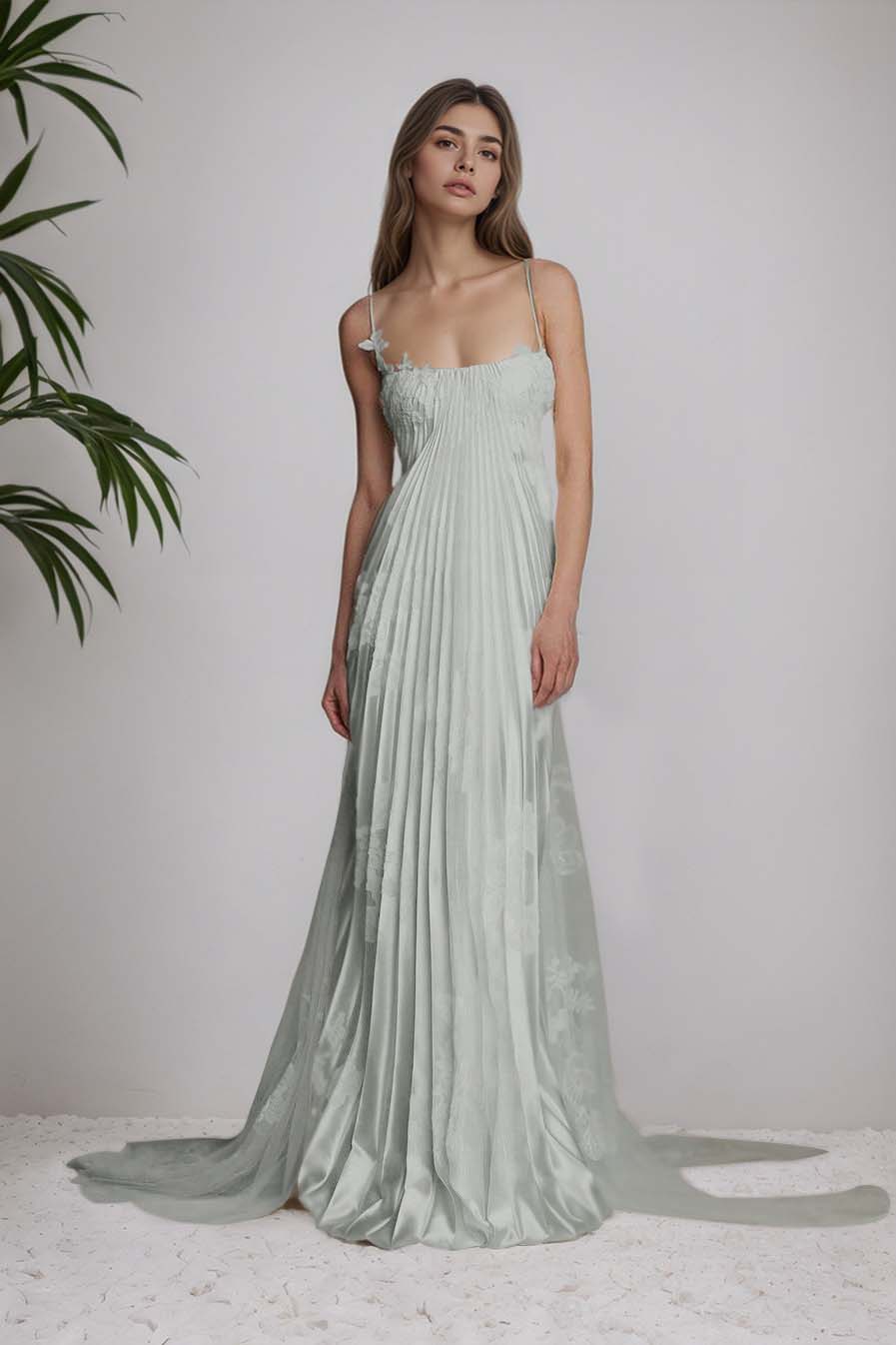 Stain Spaghetti Strap Sleeveless Long Prom Dress With Appliques
