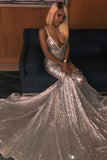 Spaghetti-Straps V-Neck Sequined Mermaid Prom Dress BM bride