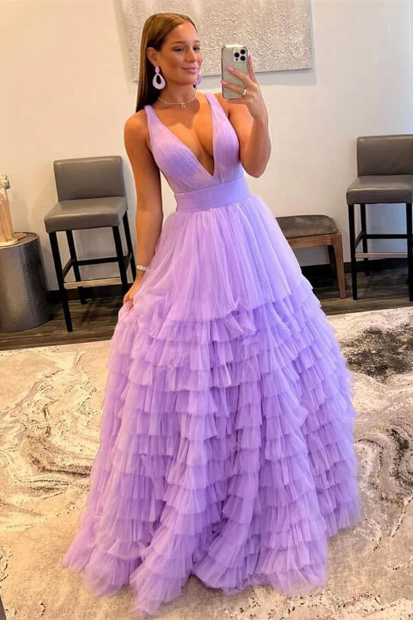 Elegant Lilac Sleeveless V-Neck Tulle Layers Prom Dress BM bride