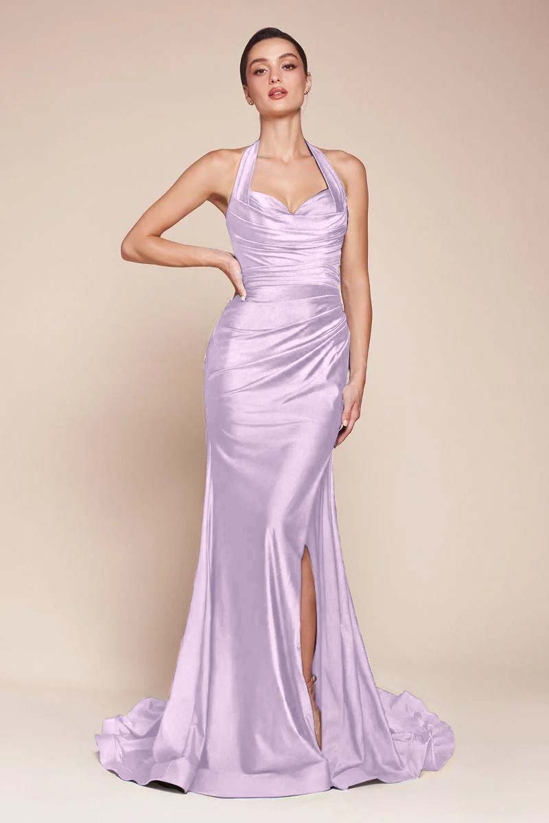 Halter Sleeveless Split Mermaid Long Prom Dress With Pleated BMBRIDE