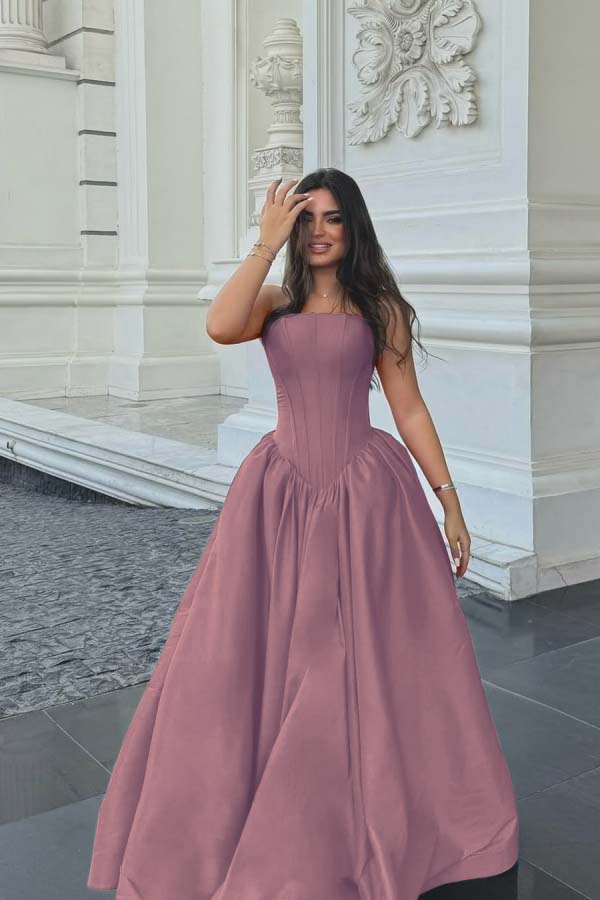 Chic Sleeveless Strapless Long A Line Prom Dress With Pleated BMBRIDE