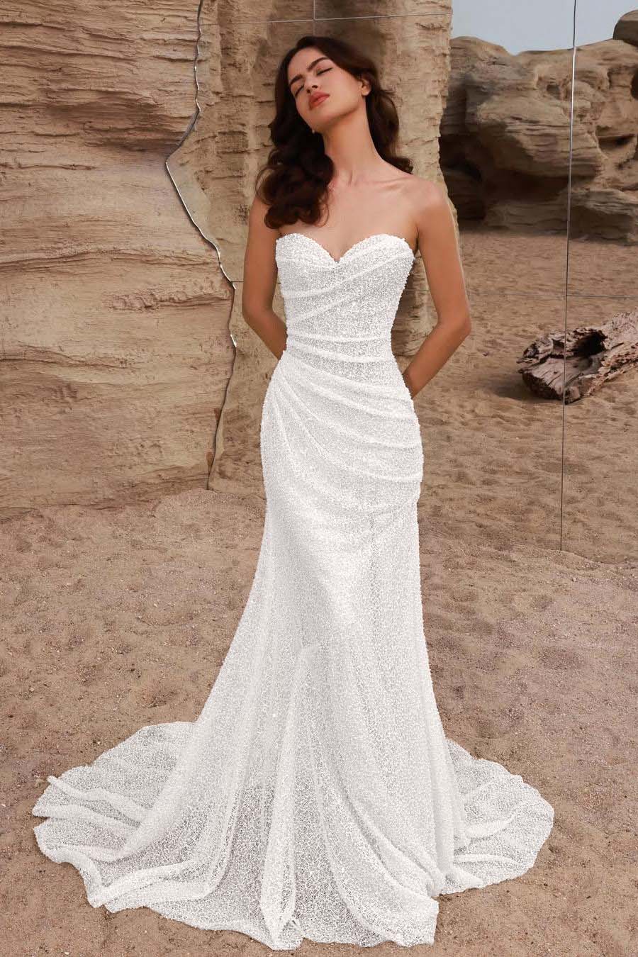 Strapless Sleeveless Long Mermaid Prom Dress With Pleated Sequins BMBRIDE