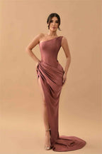 Simple Stain One Shoulder Sleeveless Pleated Long Mermaid Prom Dress With Split