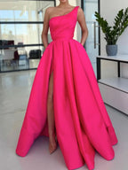 Simple One Shoulder Pink High Slit A-Line Pleated Formal Dress BM bride