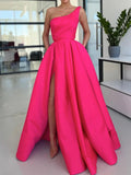 Simple One Shoulder Pink High Slit A-Line Pleated Formal Dress BM bride