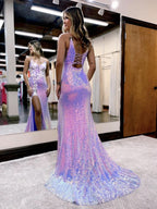 Enchanting Purple Glitter Floral Long Prom Dress with a Graceful Slit BM bride