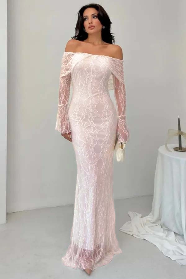 Off the Shoulder Long Sleeves Long Mermaid Prom Dress With Lace BMBRIDE