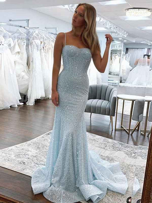 Light Blue Mermaid Spaghetti Straps Long Prom Dress with Beading BMBRIDE