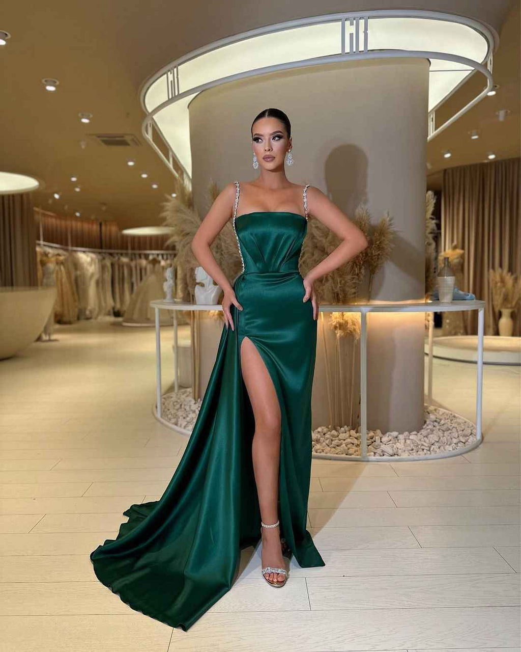 Rhinestone Sleeveless Spaghetti Strap With Split Green Prom Dress