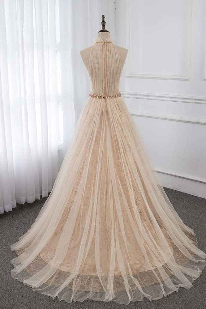 Amazing High Neck Sleeveless Prom Dress Long Tulle Ruffles With Rhinestones