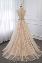 Amazing High Neck Sleeveless Prom Dress Long Tulle Ruffles With Rhinestones