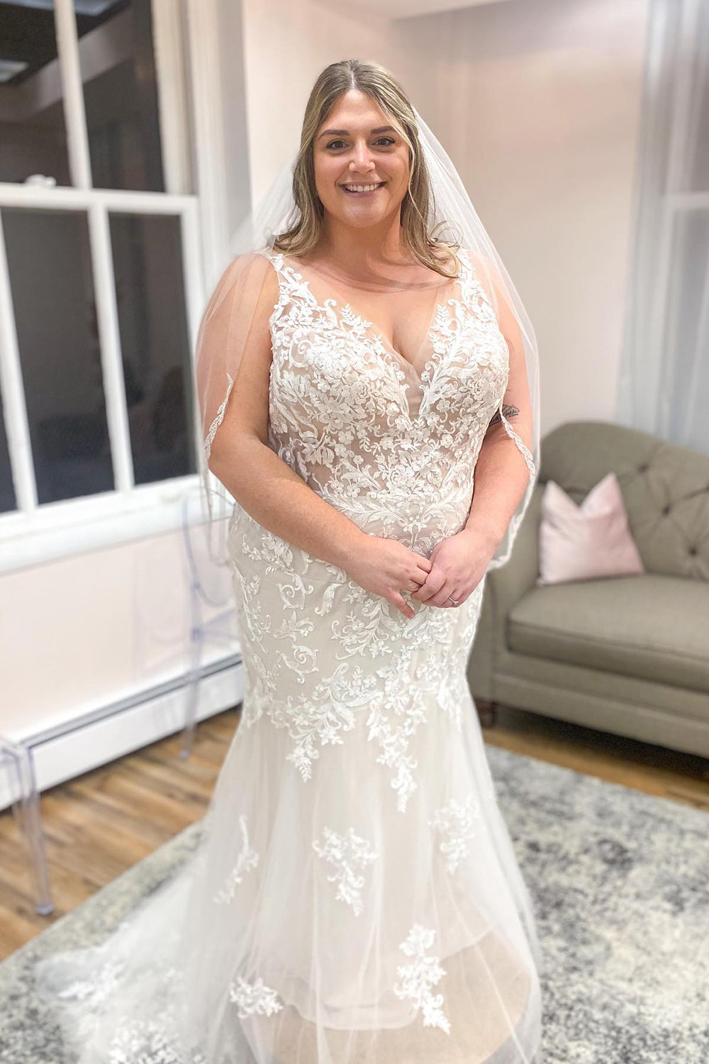Stunning V-Neck Spaghetti Strap Mermaid Wedding Dress with Lace, Tulle, and Appliques BM bride