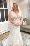 Stunning V-Neck Spaghetti Strap Mermaid Wedding Dress with Lace, Tulle, and Appliques BM bride