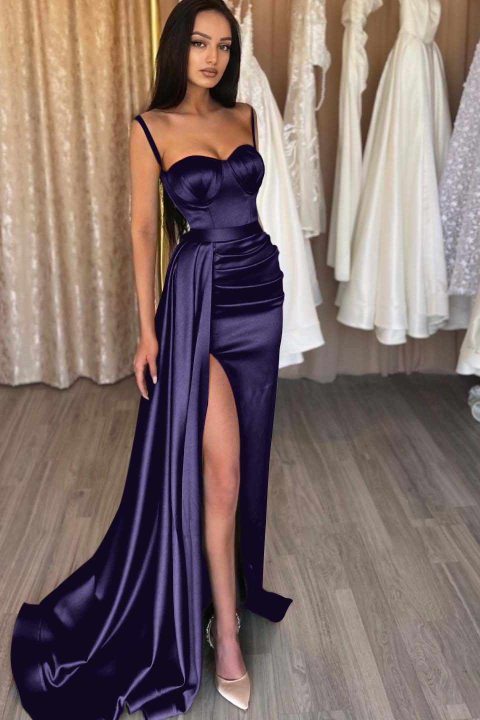 Spaghetti Strap Sweetheart Sage Mermaid Prom Dress With Split BMBRIDE