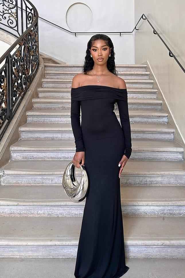 Long Sleeves Off the Shoulder Mermaid Long Prom Dress With Pleated