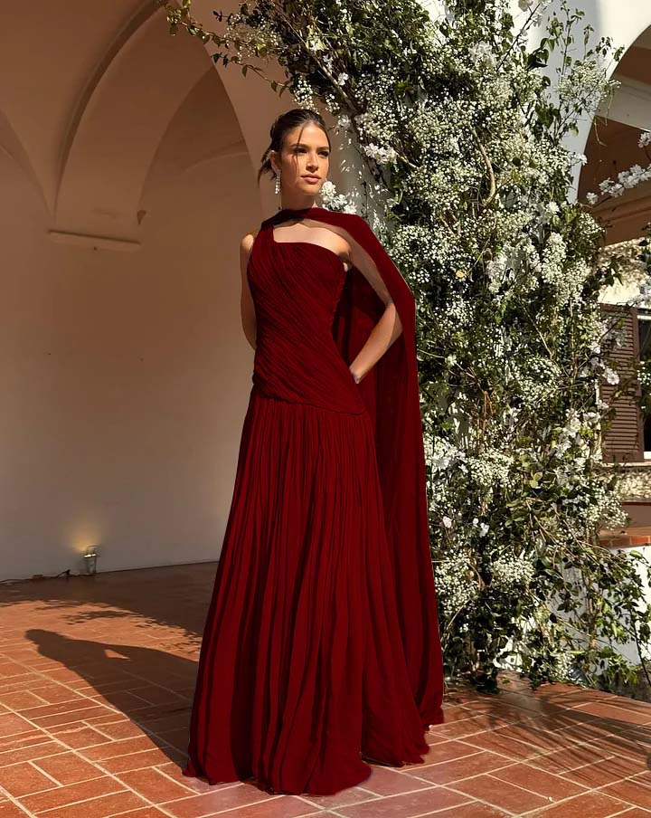 Chic One Shoulder Sleeveless Long Prom Dress With Pleated Shawl