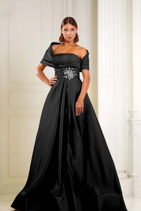 Off the Shoulder Sleeveless Long Prom Dress With Pleated Beading BMBRIDE