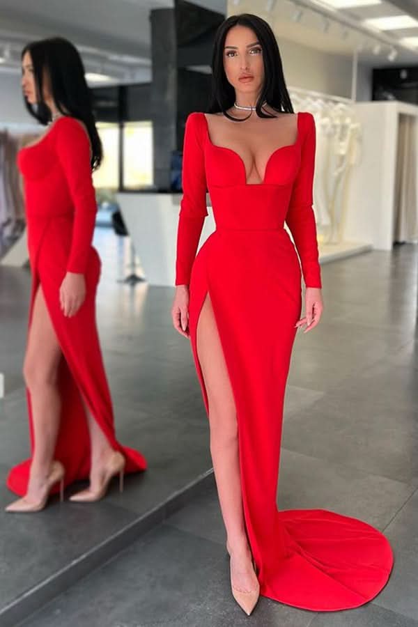 Red Sweetheart Long Sleeves Mermaid Prom Dress with Split BM bride