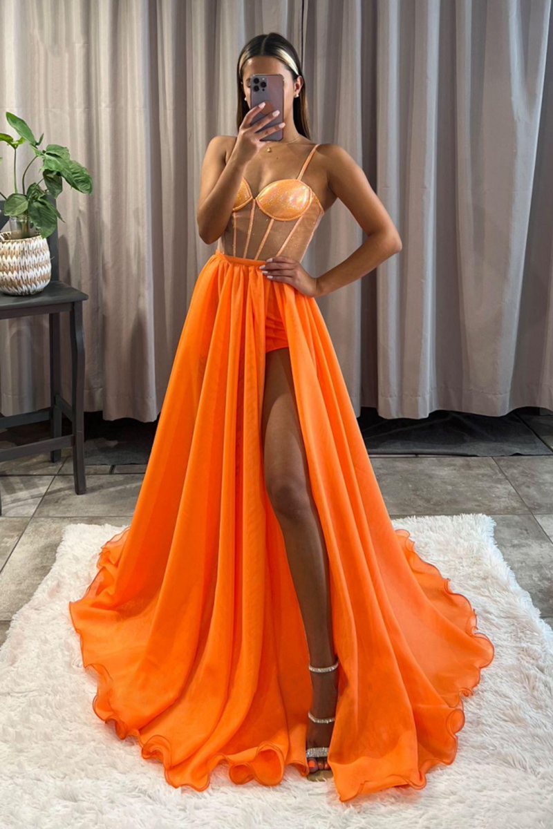 Orange A Line Spaghetti Straps Sleeveless High Split Long Prom Dress