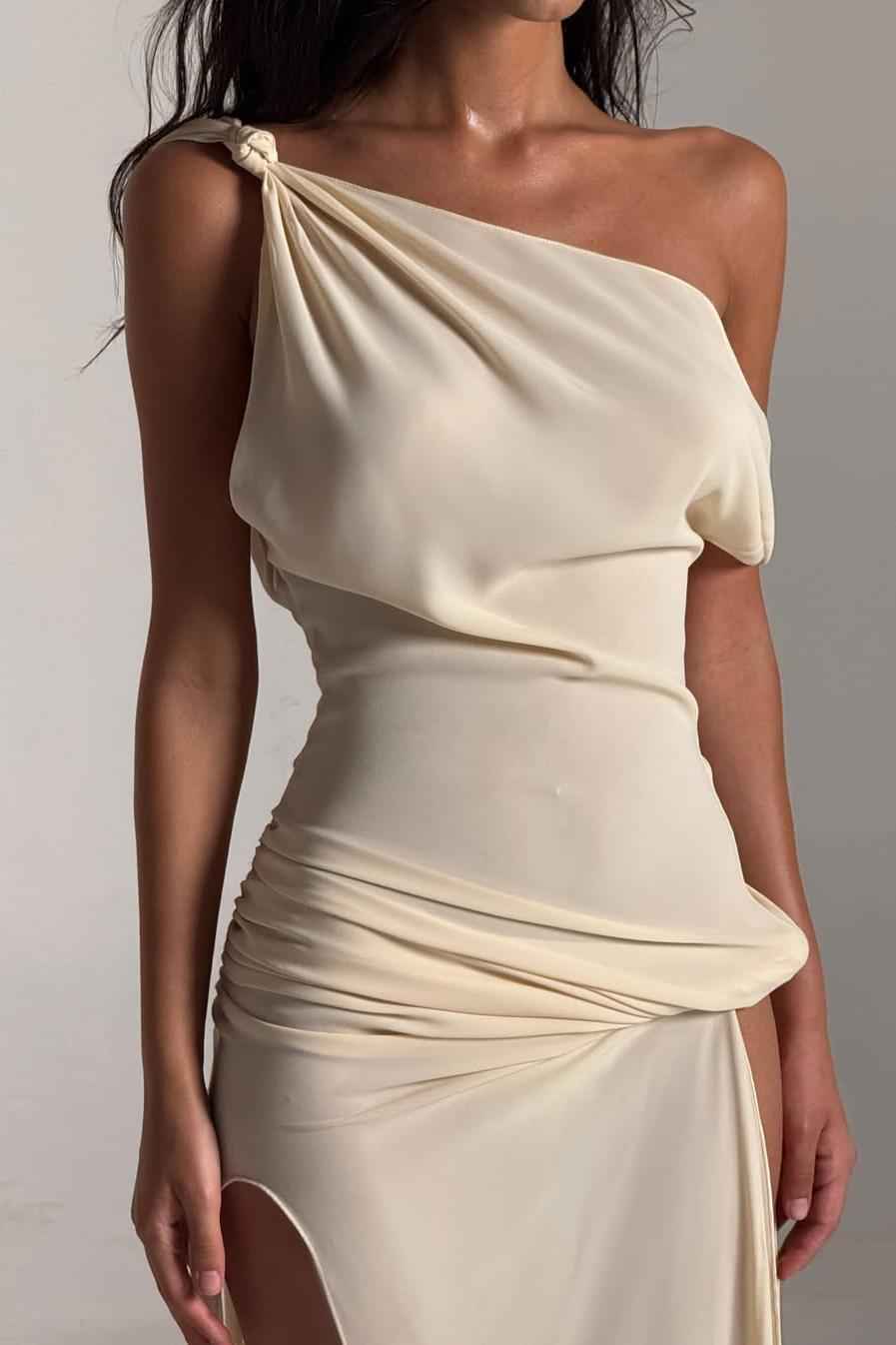 Chic One Shoulder Sleeveless Long Prom Dress With Split Pleated
